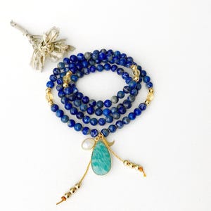 Lapis Lazuli Mala Necklace, Citrine, Moonstone, Amazonite, Yoga Jewelry