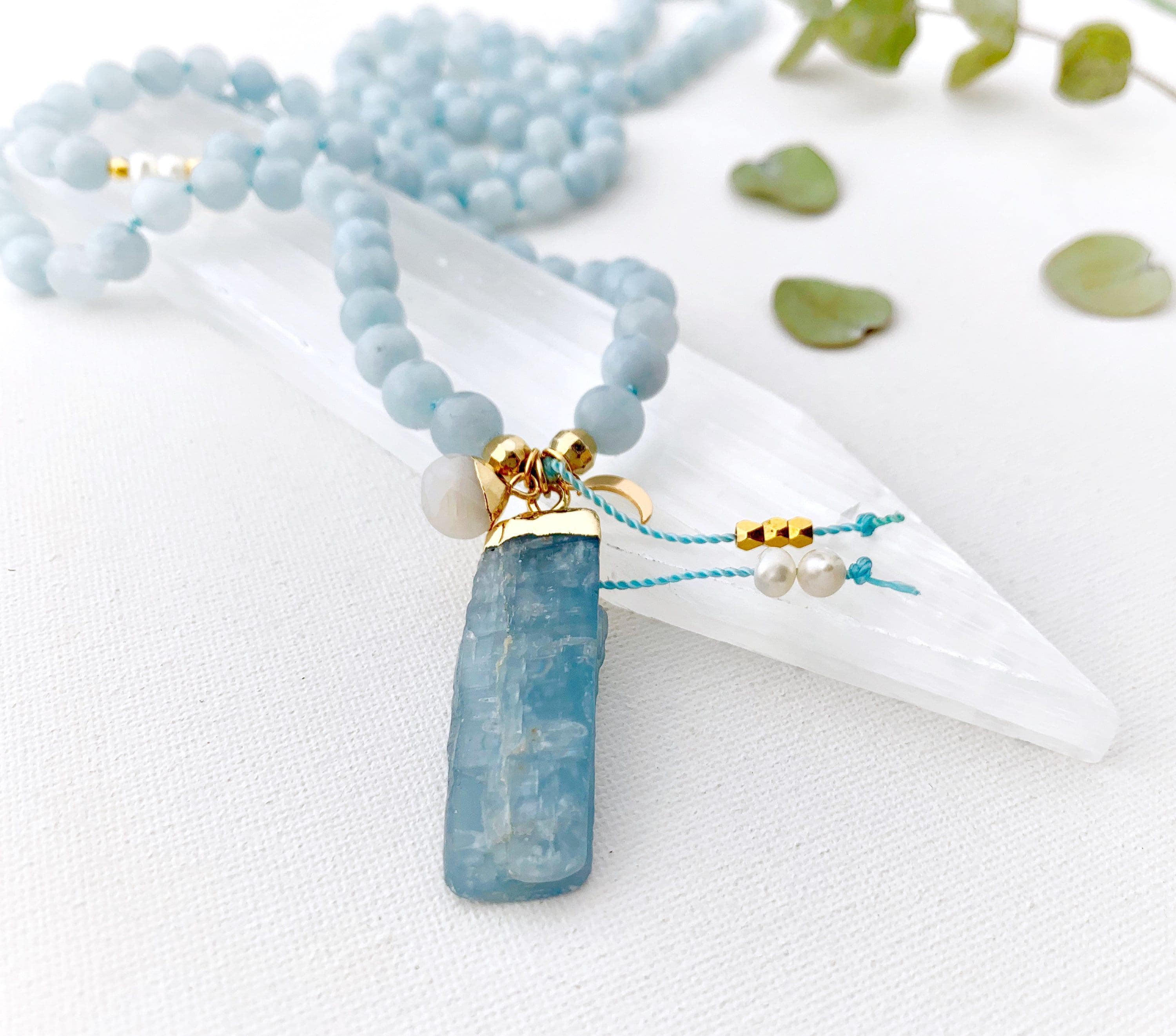 Truth Goddess Mala with Aquamarine and Kayanite Guru Crystal • 108 Mala Prayer Beads • Mala Necklace • Meditation Necklace • Yoga Gift