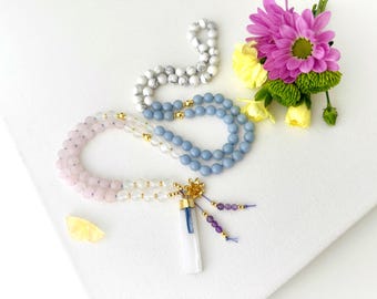 KUAN Yin Goddess Mala Necklace with Rose Quartz Angelite Mala Beads, 108 Prayer Beads, Yoga Spiritual Meditation Long Beaded Necklace Gift