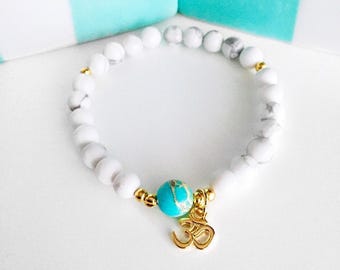 Mala Bracelet - Wrist Mala - Healing Howlite Bead Yoga Bracelet with an OM charm