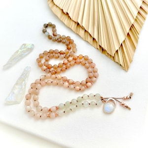 Flame of Life Mala Necklace with Moonstone and Sunstone Mala Beads, 108 Prayer Beads, Yoga Necklace for Meditation, Spiritual Healing Mala