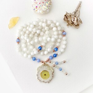 Moonrise Goddess Mala Necklace with Moonstone and Blue Lace Agate Mala Beads, 108 Prayer Beads, Chakra Healing Crystal Beaded Necklace
