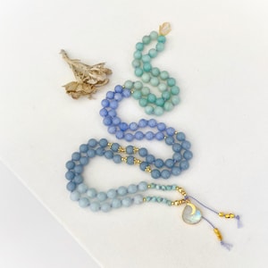Goddess Mala Necklace with Angelite Aquamarine Blue Lace Mala Beads, 108 Prayer Beads, Yoga Spiritual Meditation Necklace Gift for Her