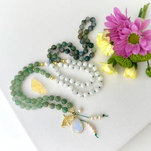 ARTEMIS Goddess Mala Necklace with Moonstone Moss Agate Mala Beads, 108 Prayer Beads, Yoga Spiritual Meditation Long Beaded Necklace Gift