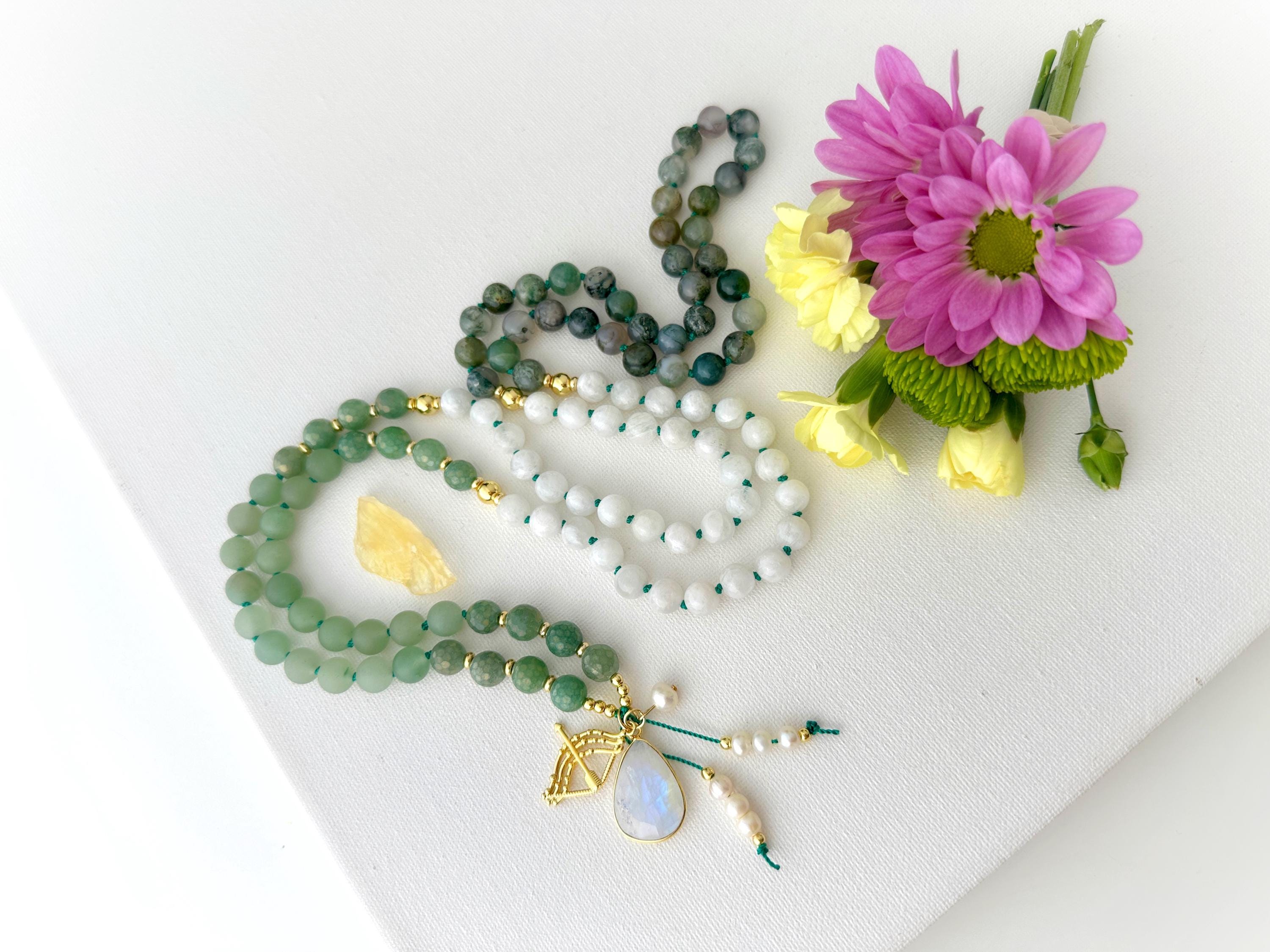 ARTEMIS Goddess Mala Necklace with Moonstone Moss Agate Mala Beads, 108 Prayer Beads, Yoga Spiritual Meditation Long Beaded Necklace Gift