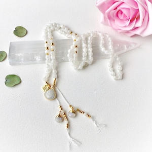 Goddess Mala Necklace with Moonstone Mala Beads, 108 Mala Prayer Beads, Best Friend Wedding Gift. Yoga Gift for Her Healing Crystal Necklace