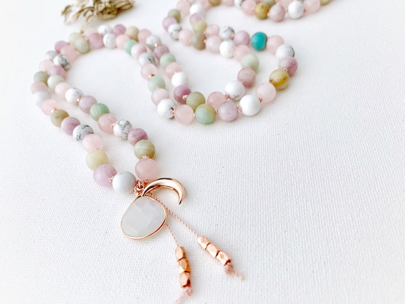 Healing Moon Goddess Mala Necklace with Moonstone Howlite Rose Quartz Amazonite Kunzite Mala Beads, 108 Mala Prayer Beads, Yoga Gift image 2