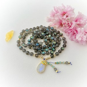 Mala Necklace with Rainbow Labradorite Mala Beads, Moonstone Mala, Spiritual Meditation Necklace 108 Prayer Beads Yoga Gift for Her