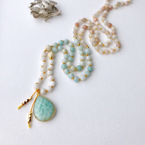 New Beginnings Moonstone and Amazonite Mala Necklace, Mala Beads, Mala Necklace, Moonstone Mala Prayer Beads Knotted Mala, Yoga Gift for Her