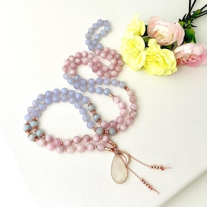 Goddess Mala Necklace with Blue Lace Agate Kunzite and Aquamarine Mala Beads, 108 Mala Prayer Beads, Yoga Gift For Her