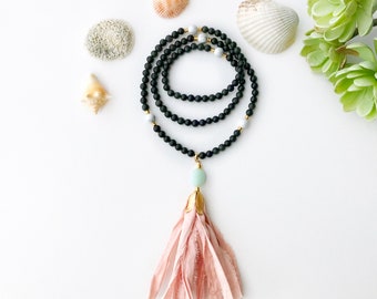 Empowering Mala Necklace, Prayer Beads, Grounding Mala, Mala Beads, Mala, Obsidian Mala, Sari Silk Tassel Necklace, 108 Mala Beads, Yoga