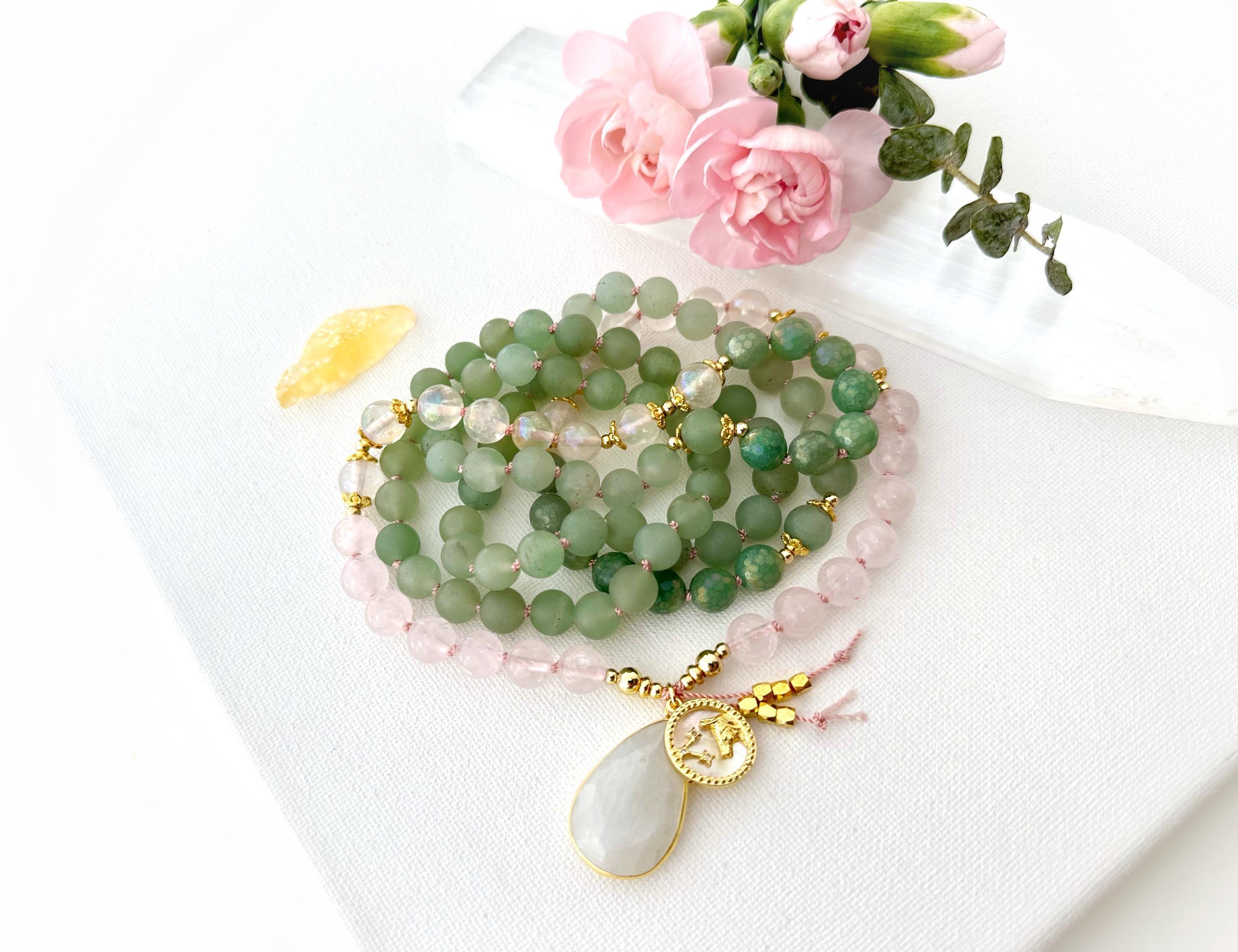 Taurus Mala Necklace with Rose Quartz and Aventurine Mala Beads, Zodiac Mala Birthday Gift for Her, Healing Crystal Necklace Christmas Gift