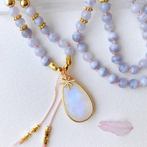 Throat Chakra Blue Lace Agate Mala Necklace with Moonstone Guru • 108 Mala Prayer Beads • Yoga Gift for Her