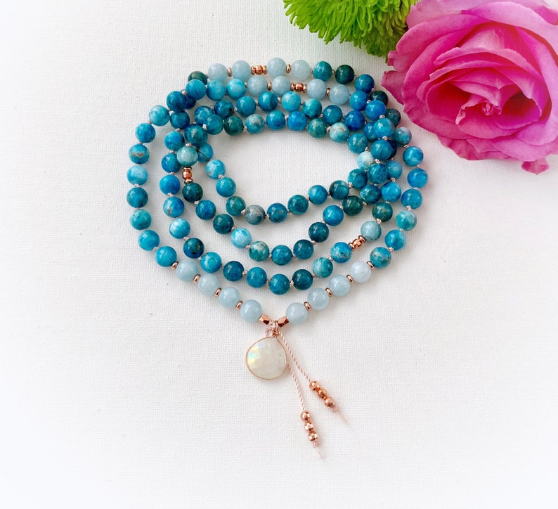 Libra Zodiac Mala with Apatite Aquamarine and Moonstone Mala Beads Balancing Mala for the Indecisive October Libra October Mala Necklace