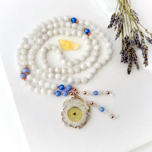 Mala Necklace with Moonstone and Blue Lace Agate Mala Beads, 108 Mala Prayer Beads, Chakra Healing Crystal Beaded Necklace Yoga Gift for Her
