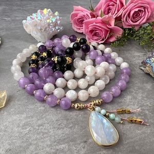 Tranquility Goddess Mala Necklace with Moonstone Amethyst Mala Beads, Spiritual Meditation Necklace, 108 Mala Prayer Beads Yoga Gift for Her