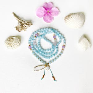 Aquamarine Mala Necklace, Knotted Mala Prayer Beads with Aquamarine Moonstone Rose Quartz and Amethyst, 108 Healing Crystal Yoga Jewelry