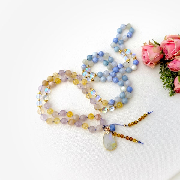 Mala Necklace with Blue Lace Agate Cherry Blossom Amethyst Citrine Mala Beads, Healing Crystal 108 Prayer Beads Boho Beaded Necklace Gift