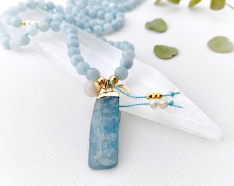 Aquamarine Kayanite Mala • 108 Prayer Bead Necklace • Yoga Meditation Gift