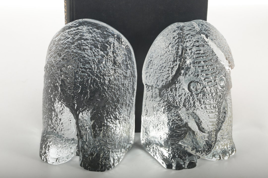 Vintage Glass Elephant Bookends by DAS Designs, Blenko Icefloe Etsy
