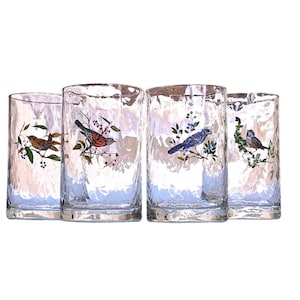 Vintage Set of 4 Fat Tumblers by West Virginia Glass with M. Sargeant Song Birds, 16 oz Optic Loop Pattern
