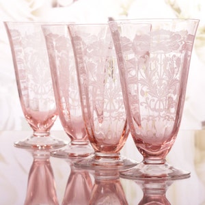 Reserved for Tallulah Set of 12 Antique Etched Glasses in Pink, Iced Tea Tumblers, Flanders Pattern of Poppy Flowers by Tiffin Franciscan