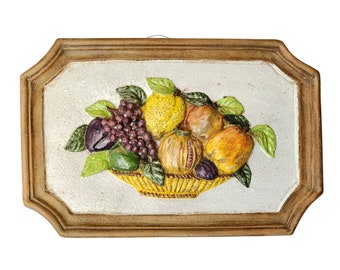 Decorative Wall Hanging, Vintage Italian Terracotta Ceramic Fruit Bowl Plaque with Faux Frame, Grape Lemon Pomegranate, Rustic Kitchen Decor