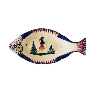 Vintage 10&quot; HB Quimper France Fish Plate, French Hand Painted Faience Platter