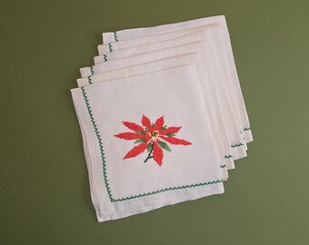 Vintage Embroidered Christmas Napkin Set: Ecru Linen Poinsettias, Set of 6