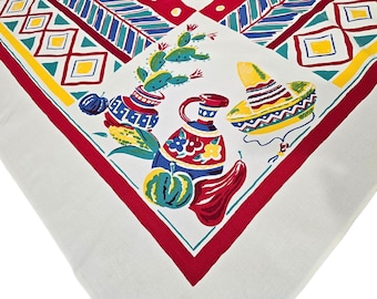 Vintage Mexican Fiesta Tablecloth: 1950s Simtex Cotton Blend 52x64