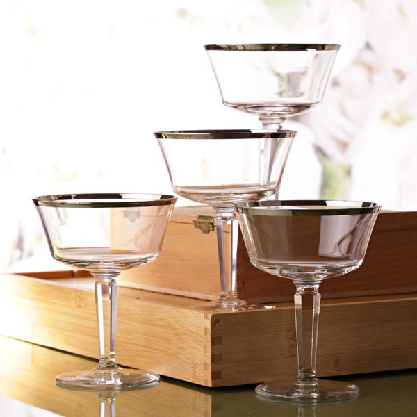 4 Lenox Platinum Rim Crystal Champagne Glasses, Lenox Platinum Solitaire Coupe Glass, Lenox Platinum Trim Solitaire Crystal Dessert Glasses