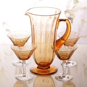 Antique Glassware Set in Fostoria Greek Amber Pattern with Pitcher Stem 5097 & Set of 4 Champagne Glasses with Etched Art Deco Style Design