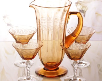 Antique Glassware Set in Fostoria Greek Amber Pattern with Pitcher Stem 5097 & Set of 4 Champagne Glasses with Etched Art Deco Style Design