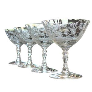 Set of 4 Vintage Crystal Champagne or Cocktail Glasses in Fostoria Chintz Etched Pattern, Low Sherbet Stemware
