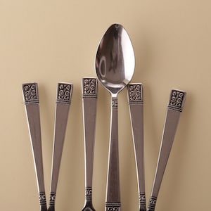 Set of 6 Teaspoons in Custom Design Japan Stainless Steel Pattern, Mid Century Mediterranean