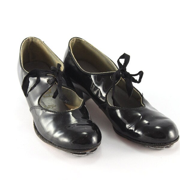 Ladies 1950s Selva black patent tap dancing shoes size 7, Selva Staccato taps, tap dancing fun, James Salvaggio Jimmy Selva dance shoes