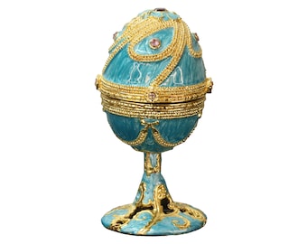 Vintage Cloisonne Musical Ring Box, Faberge Inspired Egg, Brass Music Box, Mother's Day Gift, Blue Enamel Egg, Jeweled Egg Wind Up Music Box