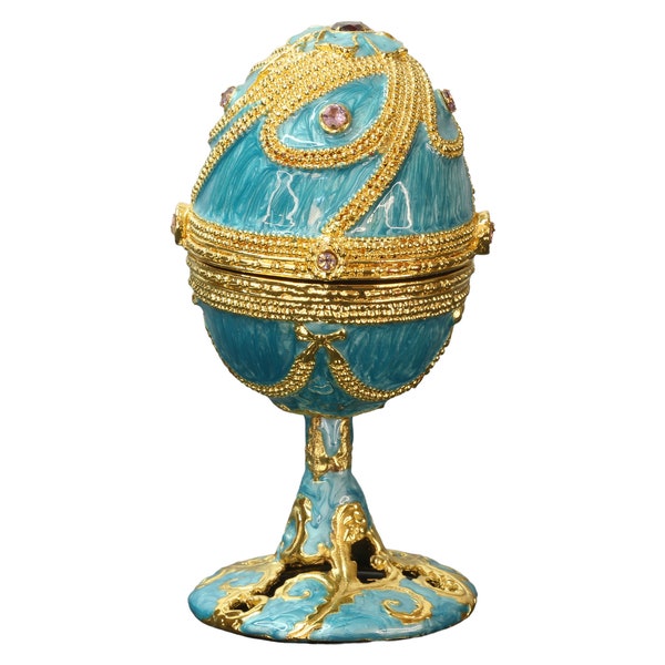 Vintage Cloisonne Musical Ring Box, Faberge Inspired Egg, Brass Music Box, Mother's Day Gift, Blue Enamel Egg, Jeweled Egg Wind Up Music Box