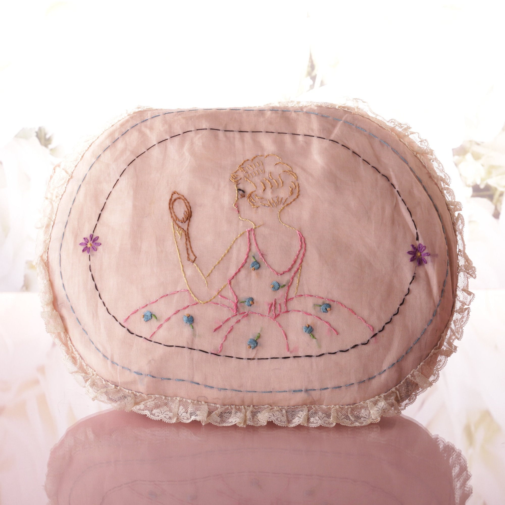Embroidered Feather Pillow: Antique Pink Organza, Vintage Decor