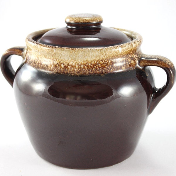 Free Shipping, vintage brown drip bean pot pottery stamped USA, double handled brown glaze bean pot with lid
