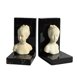 Mid Century French Alabaster Bust Bookends on Veined Black Marble, Artist Signed