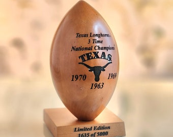 Texas Longhorns 1970 Wood Football 3 Time National Champs, Grid Works Collectible Limited Edition, Vintage Sports Memorabilia Gift for Men