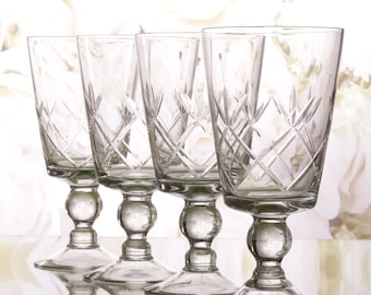 Vintage Iced Tea Glasses Set of 4 in Cut Crystal Fan and Criss Cross Pattern, 4 Vintage Footed Iced Tea Goblets with Ball Stem