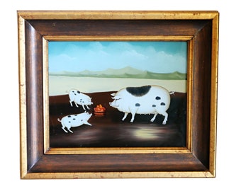 Vintage Folk Style Painting of Pigs and Piglets with Gold Frame