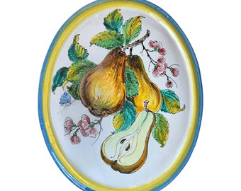 Decorative Wall Hanging, Vintage Italian Terracotta Ceramic Domed Oval Fruit Plaque with Pears, Butterfly & Flowers, Rustic Kitchen Decor