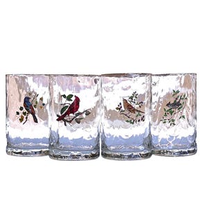 Vintage Set of 4 Fat Tumblers by West Virginia Glass with M. Sargeant Song Birds, 16 oz Optic Loop Pattern