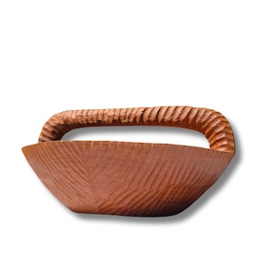 Vintage Carved Wood Harvest Basket with Handle: Rustic Home Decor