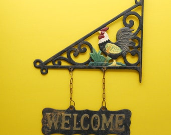 Vintage Cast Iron Rooster Hanging Welcome Sign, Rustic Farmhouse Front Porch Hanging Welcome Sign