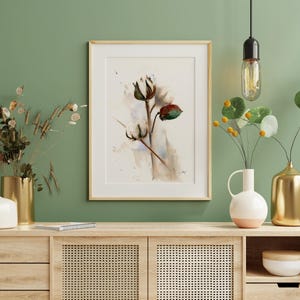Cotton Plant Watercolor Painting, Painterly Cotton Boll Art, Country and Farmhouse Wall Art, Modern Farm Decor