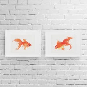 Watercolor Goldfish Wall Art Set of 2, Orange Fish Paintings, Aquatic Underwater Theme Nursery or Kids Room Decor
